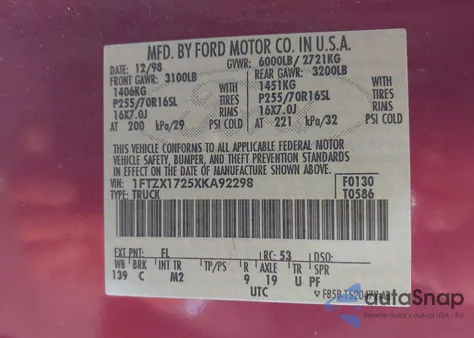 1999 Ford F-150 Work Series/Xl/Xlt z USA, uszkodzony, nr VIN 1FTZX1725XKA92298